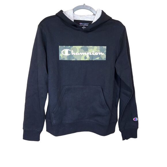 Champion Hoodie Pullover Unisex Teens Black Green Camouflage Sz Large - Picture 1 of 3